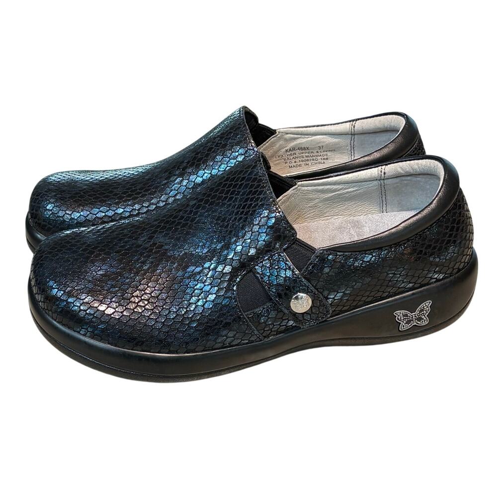 Alegria Kara Slip on Comfort Iridescent Snakeskin Leather Oceanic Clogs Size 37